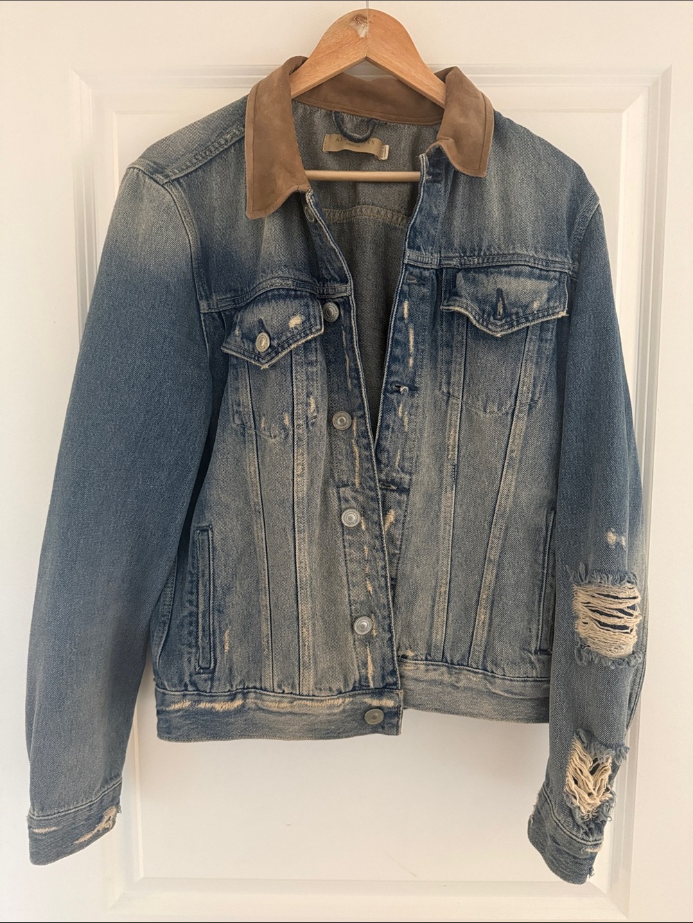 AllSaints Men’s Blue Denim Jacket with Brown Suede Trim